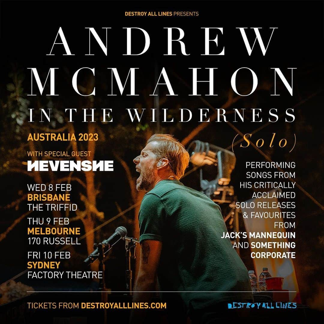 ジェナ・マクドゥーガルのインスタグラム：「I am honoured and thrilled to be supporting @amnthewilderness NEXT WEEK on the East Coast! I was introduced to his brilliance through a burned CD at 14 years old in the shape of Something Corporate and fell in love with Jack’s Mannequin shortly after 🙏🏼 I’m so grateful for all of your art Andrew! See you very soon Meeanjin, Naarm and Warrane! ❤️ Ticket link in my bio X」