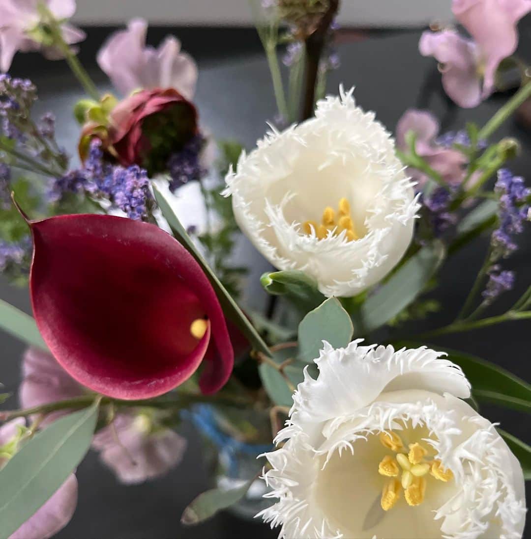 梅津弥英子のインスタグラム：「☺︎ #カラー #大好きな花 #素敵なブーケ #束ねていた紐も可愛くて花瓶に巻いてみた #友と語り尽くした昨夜 #たくさん笑いました #ありがとう❤︎」