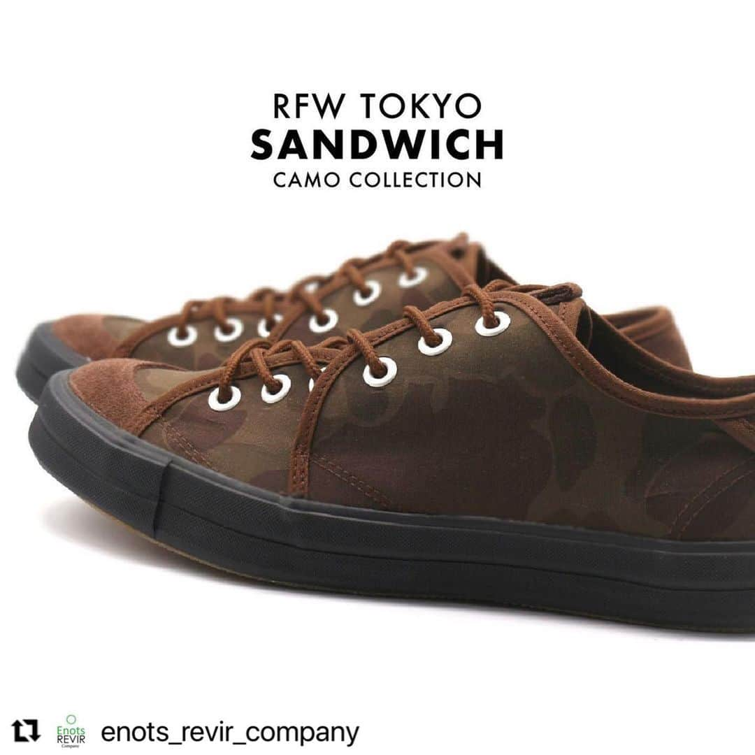 アールエフダブリューのインスタグラム：「Thank you so much @enots_revir_company ❤️❤️❤️  #Repost @enots_revir_company with @use.repost ・・・ ★RFW TOKYO #SANDWICH LO CAMO  デザイナー鹿子木 隆 氏(かのこぎ たかし)により 1998年にスタートしたシューズブランドです。  シンプル＆ベーシックでありながら、 独自のカッティングが光るデザインワークが特徴的なブランド 『RFW』の代表モデル 「SANDWICH LO （サンドウィッチ ロー ）」のCAMOコレクションのご紹介です。 　  アッパーのパターンが分かれて構成されており、足全体を包み込む様にホールドしてくれるのが 特徴のRFWを代表するモデル。  包み込むイメージからサンドイッチという名前が付けられています。 アッパー両サイドの羽根が２枚のパーツに分かれている事で、履き口も開きやすく着脱もスムーズです。  アッパーにはハンターダックカモ柄をプリントされた高密度のナイロンタッサーを使用し、生地自体にツヤ感やハリ感があり、カモフラージュ柄ですが上品な風合いに仕上がっている１足です。  ※メインのナイロン丸紐に加え、同色のナイロン平紐が付属されています。 ————————————————— RFW TOKYO SANDWICH LO CAMO 通常価格 ¥14,850(税込) ————————————————— ■shopでのご購入について お手数ですがプロフィール画面から お願いいたします。🙇 thanks @enots_revir_company  #rfwtokyo #rfw #アールエフダブリュー #リズムフットウェア #japanesebrand #日本のブランド #sandwich #スニーカー #sneakers #canvassneakers #スニーカー好きな人と繋がりたい #スニーカー男子 #スニーカー女子 #スニーカーコーデ #多治見 #shoes #サンドウィッチ #shoesmaster #camo #カモフラージュ柄 #迷彩 #スニーカーショップ #多治見 #tajimi #ながせ商店街 #enotsrevir #バレンタイン #ホワイトデー」