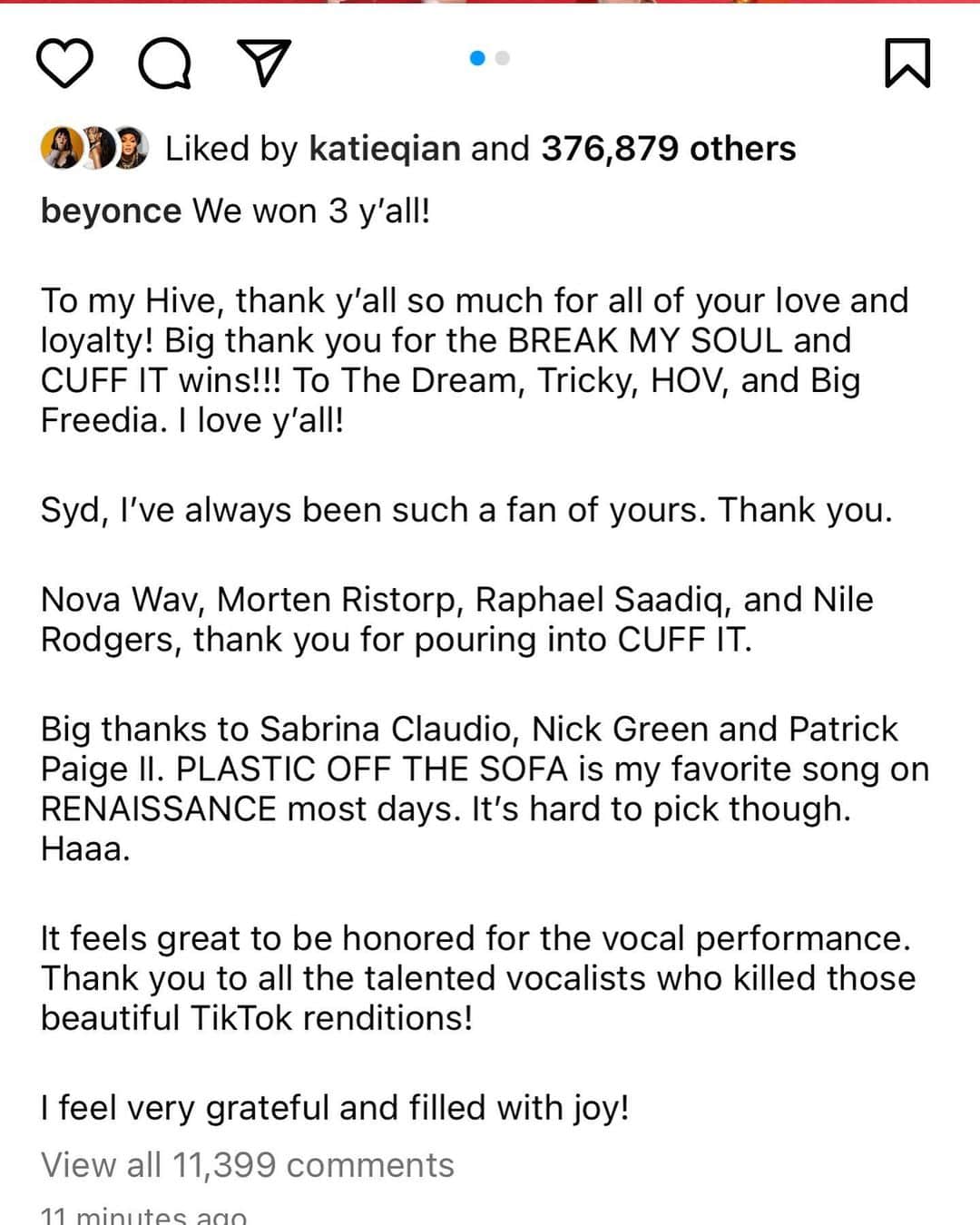 サブリナ・クラウディオのインスタグラム：「wow. y’all can’t tell me nothing. i’m balling my eyes out.   as an artist, i take most pride in my storytelling as a songwriter. i’ve delt & still deal with so much doubt in my life from people who always try to discredit my craft. this is confirmation & validation. thank you to the queen. you’ve unknowingly molded me as an artist & to be a part of your journey…..absolutely unreal. congrats on simply existing 🐝」