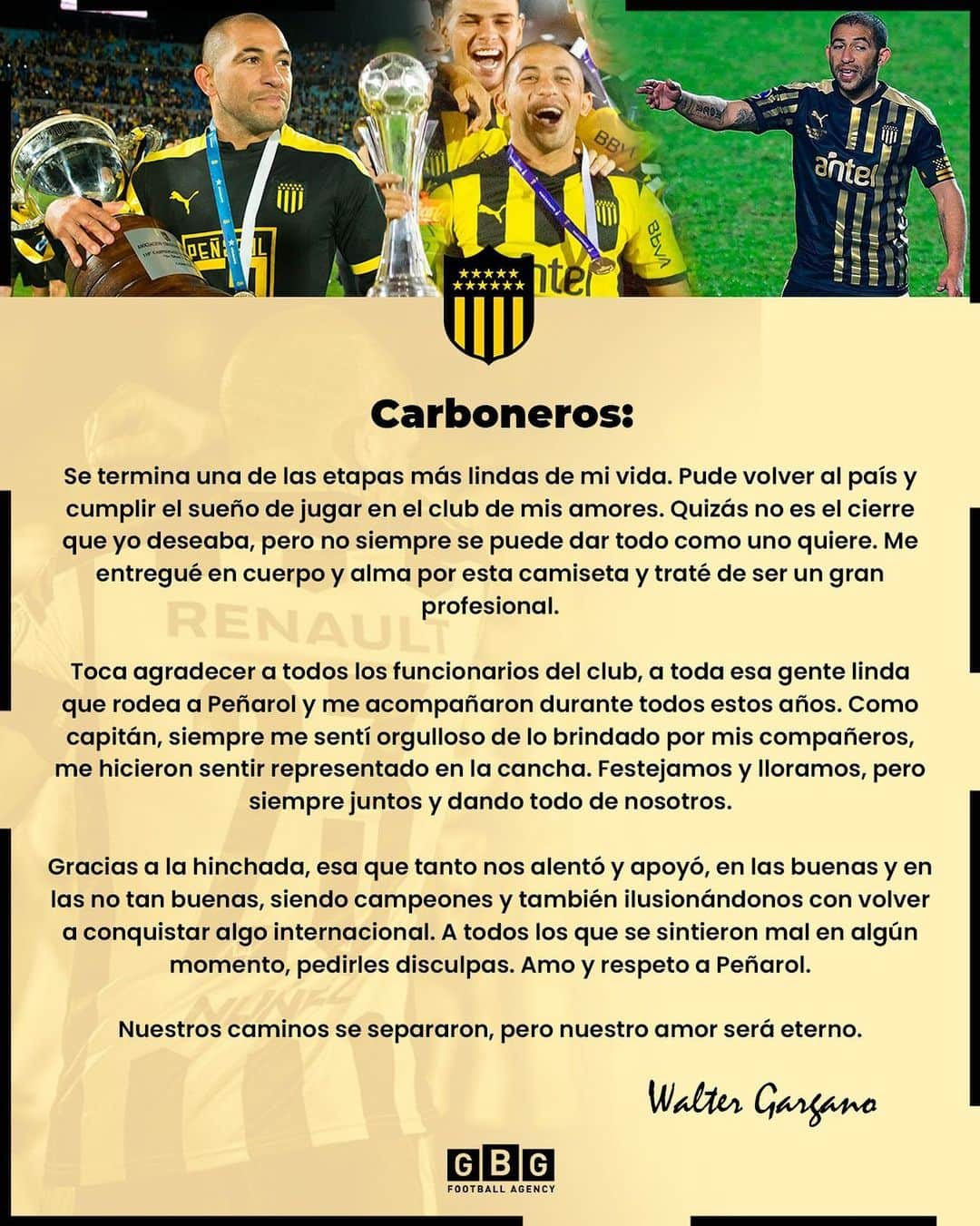 ワルテル・ガルガノのインスタグラム：「Gracias PEÑAROL 🖤💛🖤💛」