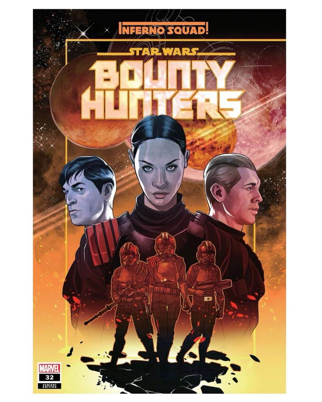 ジャニナ・ガヴァンカーのインスタグラム：「Anytime Iden, Del, or Hask show up in The Galaxy, our hearts burn like an inferno…squad.  — This variant cover of “Bounty Hunters #32” by @rachel_stott_9 is avail March 3rd.」