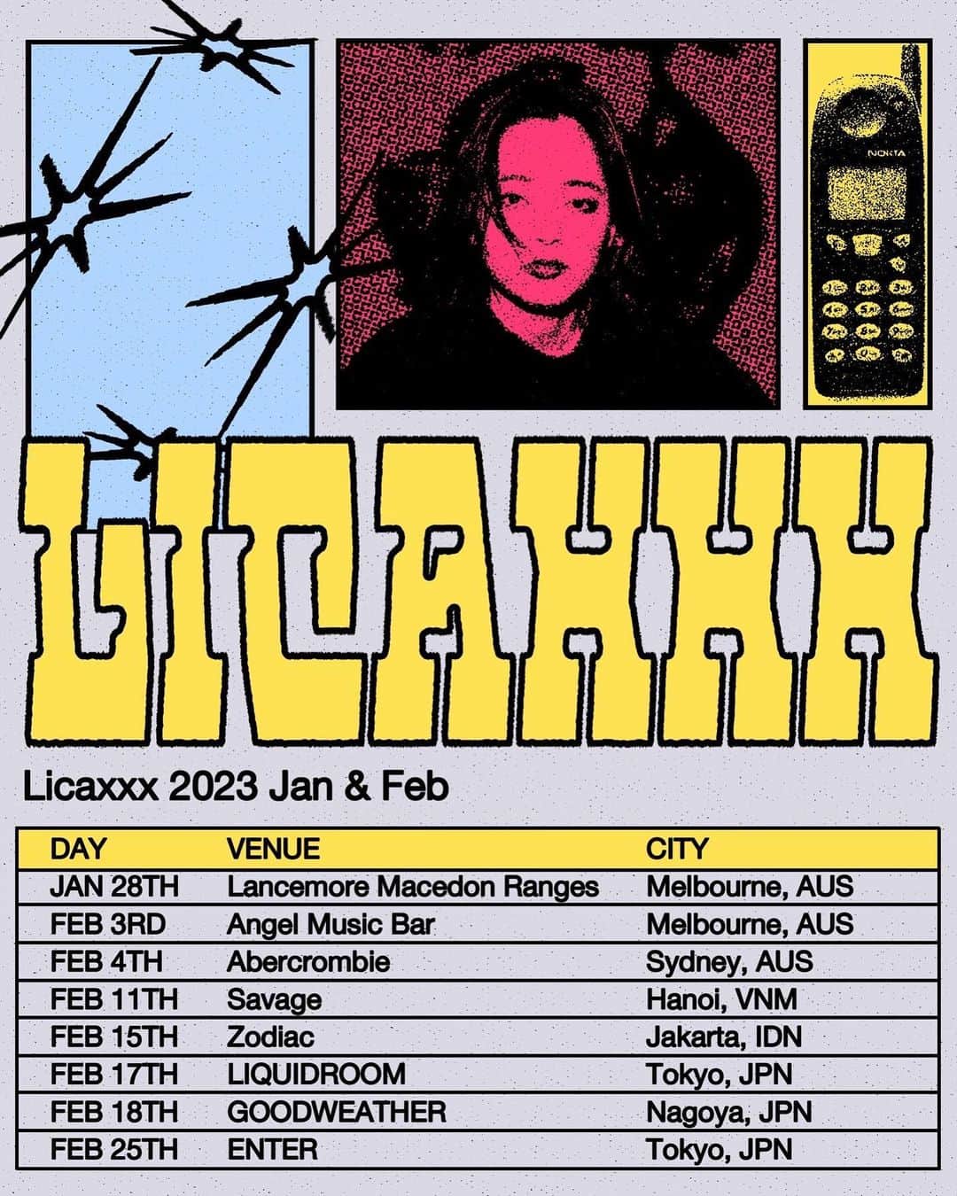のインスタグラム：「UPDATE🌪️ 💥💥Licaxxx 2023 Jan&Feb 💥💥  JAN 28TH Melbourne🇦🇺 @festivalno.23 Lancemore Macedon Ranges FEB 3RD Melbourne🇦🇺 @angelmusicbar  FEB 4TH Sydney🇦🇺 @maniaclovebytr Abercrombie  FEB 11TH Hanoi🇻🇳 @savagehanoi  FEB 15TH Jakarta🇮🇩 @zodiacjakarta ☜🆕🔥 FEB 17TH Tokyo🇯🇵 @liquidroom_ebisu @sakanaction_nf  FEB 18TH Nagoya🇯🇵 @club_goodweather @haveagoodtime.k  FEB 25TH Tokyo🇯🇵 @entershibuya   Designed by @kotsu0830」