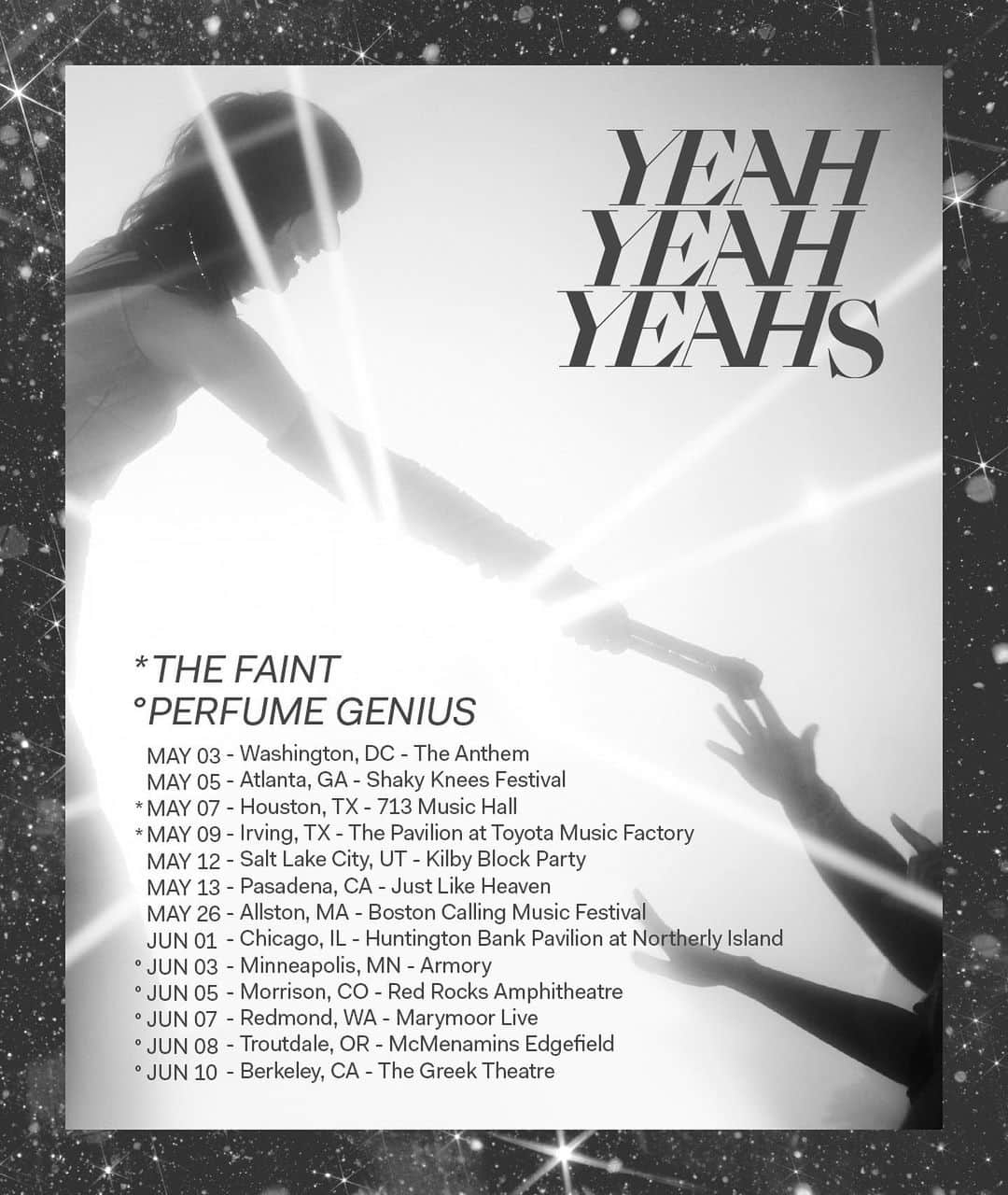 ヤー・ヤー・ヤーズのインスタグラム：「Thunder lights the road! YYYs headline shows for spring + summer in the US and EU featuring support from loves @perfumegenius and  @thefaint!Visit yeahyeahyeahs.com for further info plus festival dates. We’ll be announcing some more dates soon! 💖⚡️💖⚡️💖  Pre-sale tickets are available Wednesday, February 8th, 2023 at 8am PST  Use Password:  COOLKIDZ23 General on-sale Friday, February 10th, 2023 at 10am local」