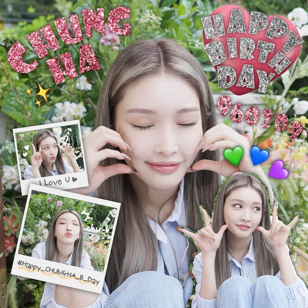 チョンハのインスタグラム：「💖HAPPY BIRTHDAY CHUNG HA 💖  [960209] 항상 반짝이는 청하의 생일을 축하합니다 🎂💚💙💜  #청하 #CHUNGHA #Happy_CHUNGHA_B_Day」