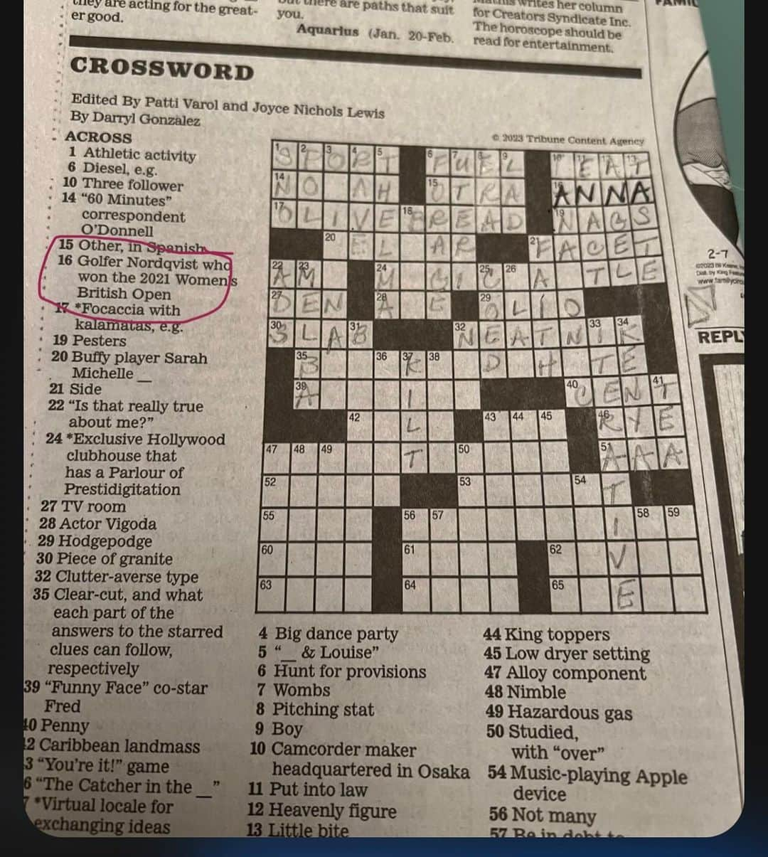 アンナ・ノルドクビストのインスタグラム：「This made me feel a little famous today… making the Crossword puzzle in LA Times and Orlando Sentinel 😉😉😝  Thanks to @charlazar and @bgrqueen for sharing!! ♥️♥️ Glad I could help with the cross word solving 🧩」