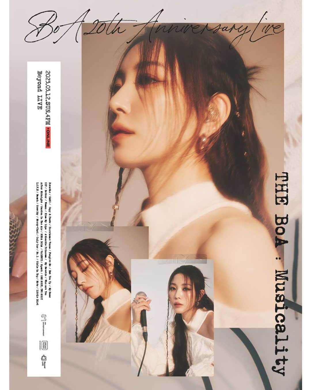 BoAのインスタグラム：「Beyond LIVE - BoA 20th Anniversary Live - THE BoA : Musicality    📆 3/12 SUN 4PM (KST)  👉 Price   KOREA : LIVE ONLY ￦55,000 / LIVE + Re-Streaming ￦62,000  JAPAN : LIVE ONLY 5,500円 / LIVE + Re-Streaming 6,200円  GLOBAL : LIVE ONLY 50 USD / LIVE + Re-Streaming 55 USD  ※You can purchase one ticket per ID    ✅ Beyond LIVE  🔗 http://bit.ly/3lQATmO     🎫 Ticket Sales Period  - 2023년 2월 23일(목) 15:00 (KST) ~ 2023년 3월 12일(일) 17:00 (KST)  - From February 23, 2023 (THU) 15:00 to March 12, 2023 (SUN) 17:00 (KST)    ✅ SMTOWN &STORE   -PC  KO: https://bit.ly/3IjPw9X   EN: https://bit.ly/3kjMj25   JP: https://bit.ly/3kjLfeK   CN: https://bit.ly/3YTkL2z     -MO  KO: https://bit.ly/41feGz9   EN: https://bit.ly/3knaBs3   JP: https://bit.ly/3kk2MDu   CN: https://bit.ly/3EvA6hA     🎫 Ticket Sales Period  - 2023년 2월 23일(목) 15:00 (KST) ~ 2023년 3월 12일(일) 16:00 (KST)  - From February 23, 2023 (THU) 15:00 to March 12, 2023 (SUN) 16:00 (KST)    #BoA #THE_BoA #보아  #20th_Anniversary_Live   #BeyondLIVE #비욘드라이브   #Beoynd_LIVE_Musicality」