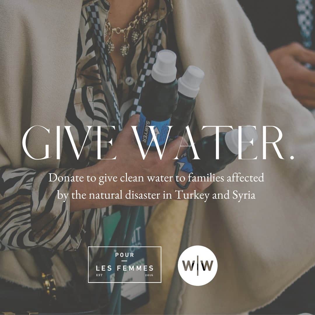 ロビン・ライトのインスタグラム：「Pour Les Femmes is collaborating with Wine to Water to help send water filters that bring clean water to disaster zones.  We are asking for a small donation to provide relief for victims in Turkey and Syria.  50$ = 1 filter for 1 family for 10 years」