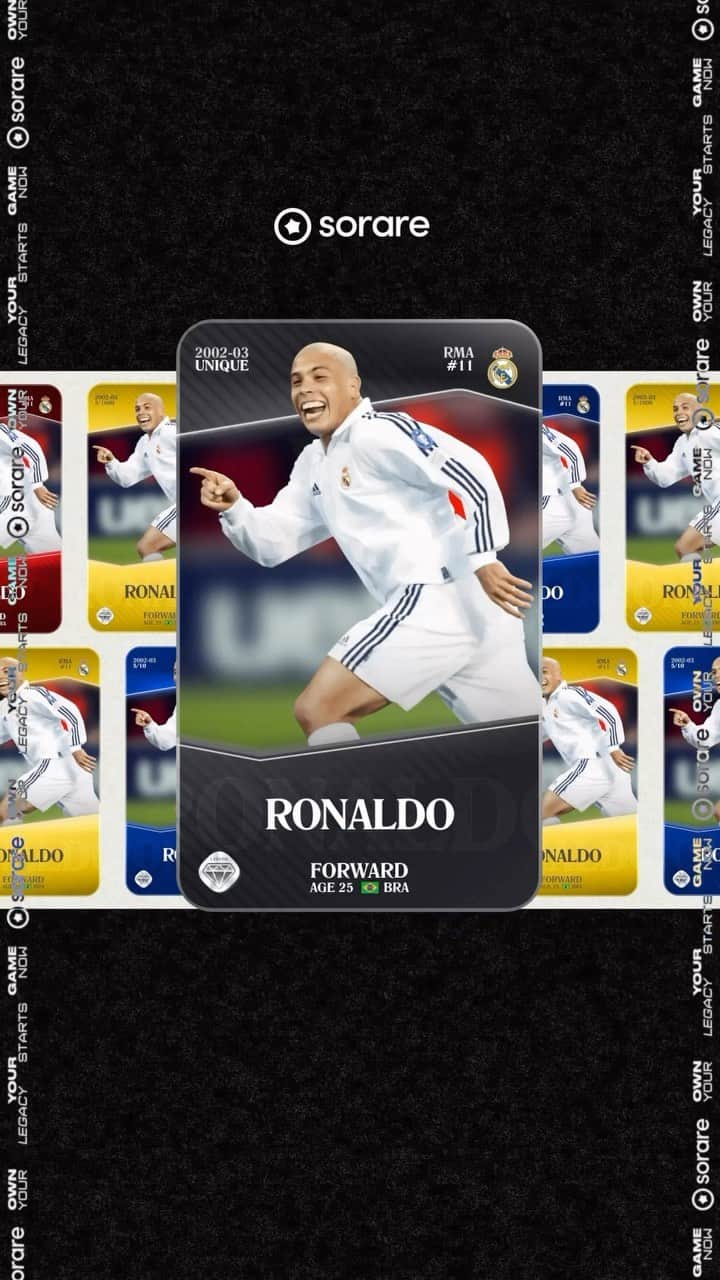 ロナウドのインスタグラム：「The first ever @Sorare 𝐋𝐞𝐠𝐞𝐧𝐝 𝐔𝐧𝐢𝐪𝐮𝐞 card is HERE!  And what better way to kick it off than with one of the best strikers of all time: @ronaldo! 🇧🇷  Discover it on the global fantasy football game, Sorare. Link in story.   #Sorare #OwnYourGame #SorareLegends」