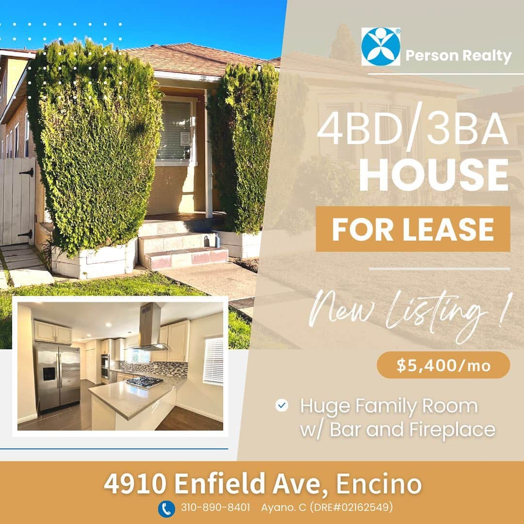 小嶋彩乃のインスタグラム：「🆕SPACIOUS 4bd 3ba house for lease!🔑  **OPEN HOUSE  Feb 11, Saturday, 1-4pm** ✔︎ 2,225 sqft  ✔︎ located South of Ventura Blvd ✔︎ large family room w/ bar&fireplace ✔︎ new carpet for all the bedrooms ✔︎ remote controlled garage   エンシノの閑静な住宅街にある広〜〜〜い一軒家でテナントさん募集中！リビングとは別に、おしゃれなバー付きの大きなファミリールーム有り！  #newlisting #houseforrent #dreamhome #househunting #realtor #realestateagent #california #calilife #familyhome #不動産仲介 #家探し #賃貸 #アメリカ暮らし #海外生活 #ロサンゼルス在住 #」