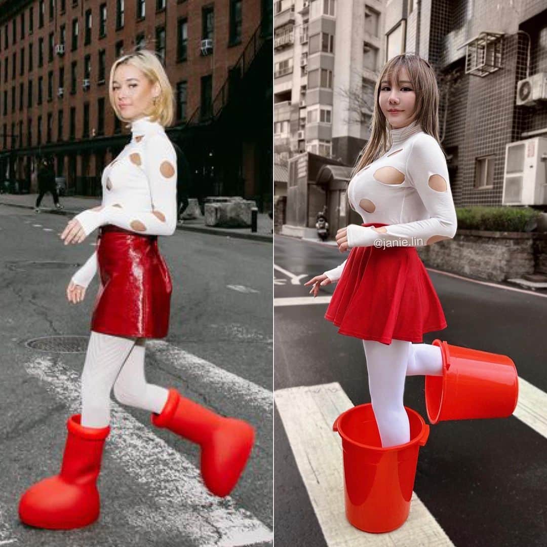 泥泥林のインスタグラム：「I & the Big Red Buckets❤️ ↖𝗦𝗵𝗮𝗿𝗲 & 𝗦𝗮𝘃𝗲↗ 紅鞋女孩來囉♬♬♬ 覺得如何🥰🫶 Be honestly, I love the top in the 1st pic.  Therefore, I took a series of photos in the top, check on my fanpage♡ （LlNK lN BlO) 其實我覺得第一張的上衣蠻好看的 所以有多拍了一組圖給訂閱會員🙈  #Original ： @mschf」