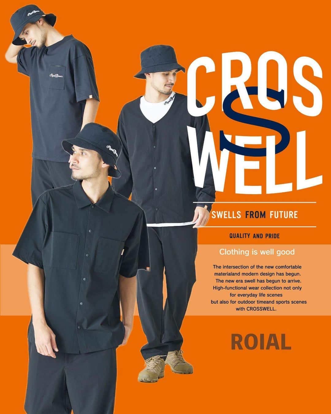 ロイアルのインスタグラム：「••• @roial_intl Crosswell collection. 日常生活だけでなく野外スポーツなどの使用も想定して• ・4wayストレッチ(上下左右に伸縮する機能) ・超軽量 ・撥水性・速乾性 を兼ね備えた新しい機能素材“Crosswell”を開発致しました✨アウトドアなど野外のシーンはもちろん！街着としても着回せるような洗練されたデザインで、汎用性の高いアイテムが盛りだくさんです👏🏼 • @roial_intl  #roial #ロイアル #california #西海岸 #アメカジ #アウトドア #ゴルフウェア #アーバンサーフ @poc_official_info #potofcall #ポートオブコール」