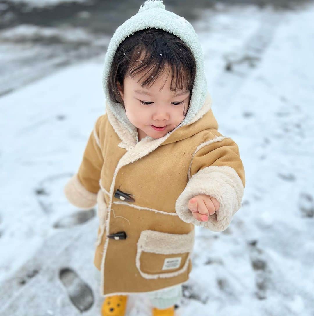 ゆうひなたのインスタグラム：「. . . いちか初めての雪☃️❄️. . . はじめキョトン、、🥹と びっくりしてたけど姉ちゃん達をみて おそるおそるツンツンしてた😂. . .」