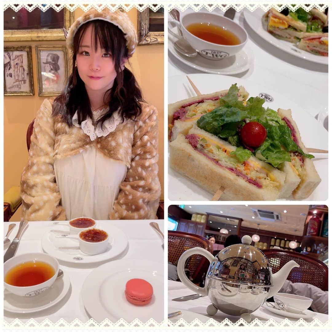 松谷琉優のインスタグラム：「自由が丘のTWG☕️  本日の紅茶はSWEET ROMANCE TEA❤️ デカフェなのでよしってことで！🍼  #ヌン活 #アフタヌーンティー　#afternoontea #twg #twgtea #手作り服　#バンビ　#紅茶 #ootd #yummy」