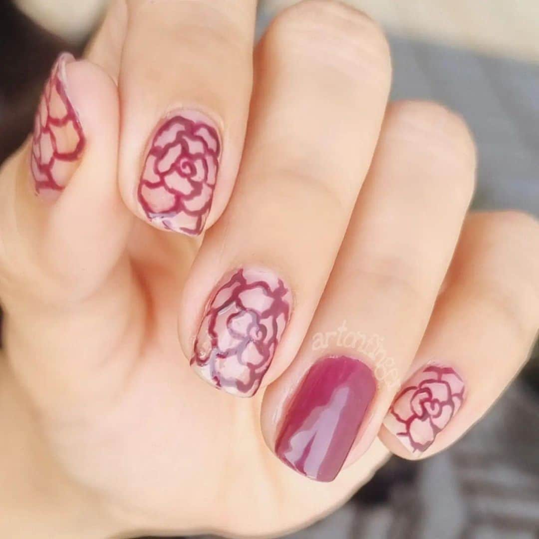 Nail Designsのインスタグラム：「Credit • @artonfinger Roses  My entry for #glamnailschallengefeb and #dnchallengefebruary #roses  Thanks to @dimensionnails for this beautiful 10-free gel color, "Mojave Ground Squirrel" I just draw roses with this gel color on nude nails.  ➡️ Swipe to see the item I used and find it from www.dimensionnails.com.  #artonfinger #nailart #nailitdaily #nailit #nails2promote #nails2inspire #nailspafeature #freehand #freehandnailart #nudenails #healthynails #valentines #valentinenails」