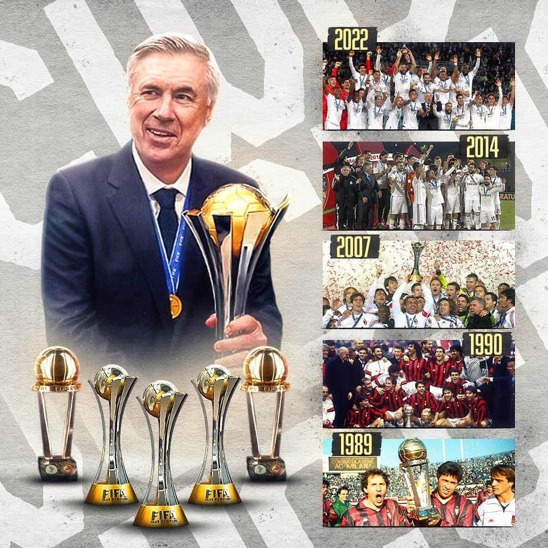カルロ・アンチェロッティのインスタグラム：「#FIVEWORLDCHAMPIONS」