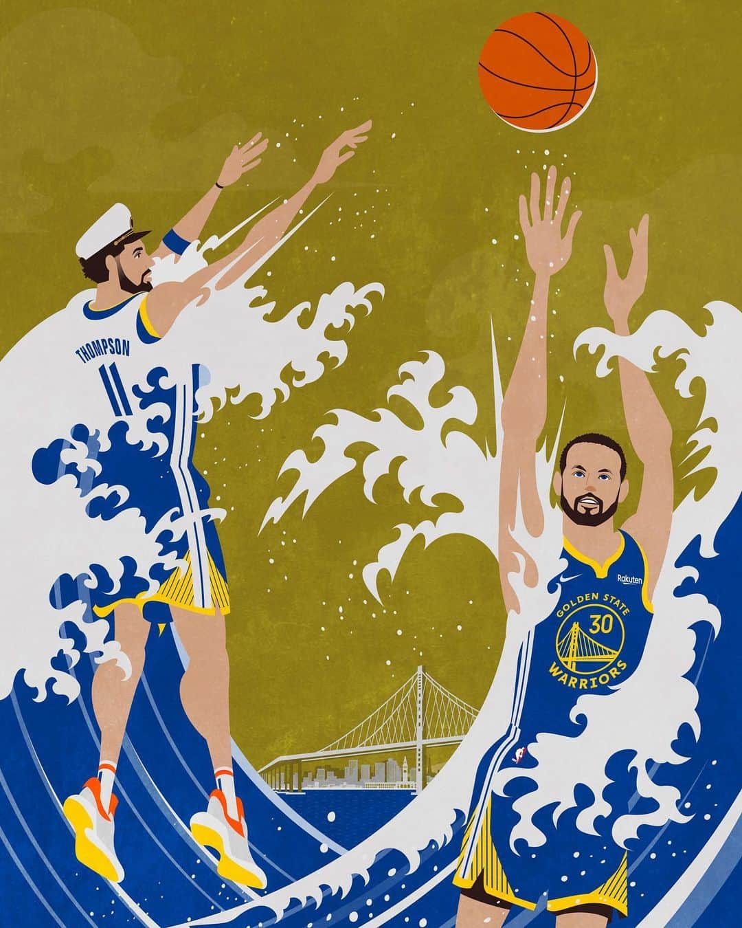 hiroki.38のインスタグラム：「福岡在住のイラストレーター、hiroki.38さんにスプラッシュブラザーズを浮世絵風に表現していただきました。    hiroki.38さんのコメントです💬   チームの象徴的な存在であるステフィン・カリー選手＆クレイ・トンプソン選手のスプラッシュブラザーズがシュートする姿を浮世絵風のスプラッシュ(波しぶき)のイメージと掛け合わせて表現してみました。また、ボールとサンフランシスコ・オークランド・ベイブリッジは太陽と富士山をイメージして構成しています。  普段はサッカーのイラストをメインに描いていますが実は元バスケ部でして、まさか自分があのNBAのしかもあのウォリアーズに関わることが出来るとは思ってもいなかったので本当に嬉しいです！ このような機会を頂き本当にありがとうございました！  #ウォリアーズJAPANウィーク」