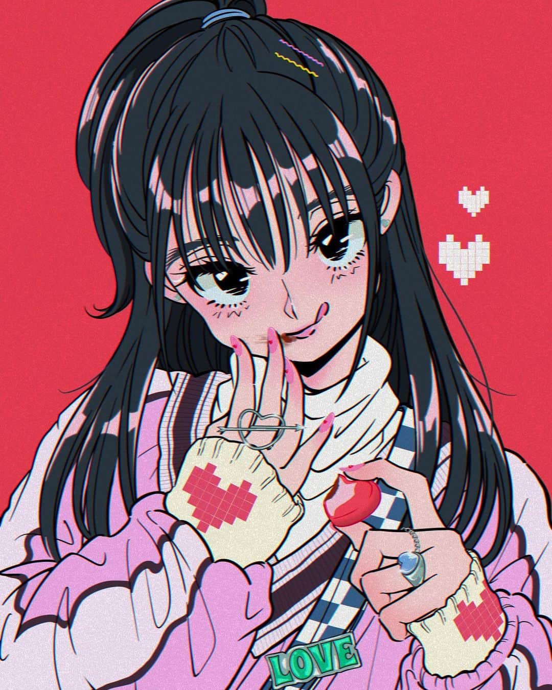佐藤なつみのインスタグラム：「すき💘🍫  Love  ・－・－・－・－・－・－・－・－・－・  Happy Valentine♡  #エモい #illustration #illustrator #バレンタインイラスト #90s #イラスト #valentine #バレンタイン #ガールズイラスト #女の子イラスト #古着女子 #古着コーデ #古着 #イラストレーター #ストリート #ストリートコーデ」