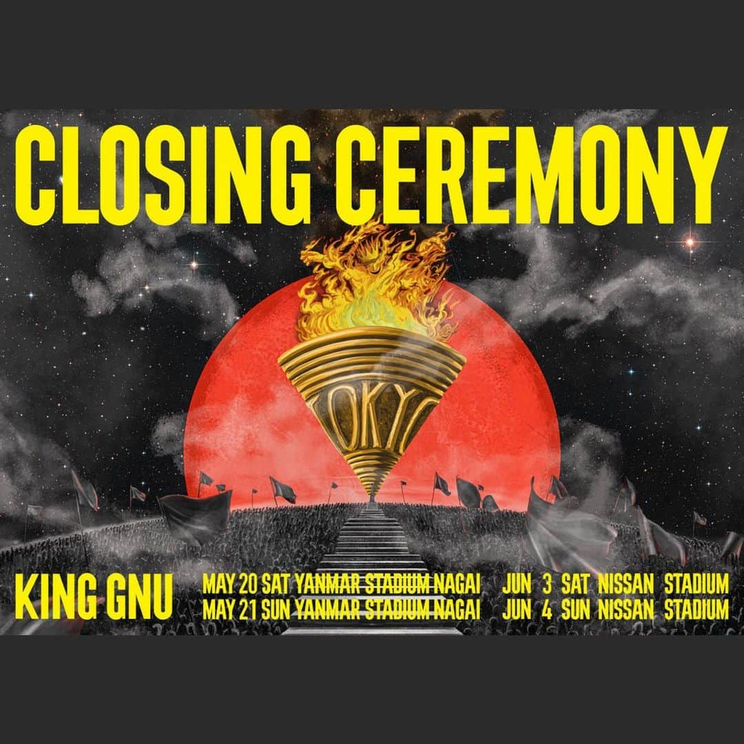 King Gnuのインスタグラム：「KingGnu初のスタジアムライブツアー 開催決定!!!!👑🐃  King Gnu Stadium Live Tour 2023  🏆CLOSING CEREMONY🏆  📅5月20日(土)・21日(日) ＠大阪・ヤンマースタジアム長居 📅6月3日(土)・4日(日) ＠横浜・日産スタジアム  ⏩本日よりCLUB GNU先行受付スタート！ https://clubgnu.com/closingceremony/」