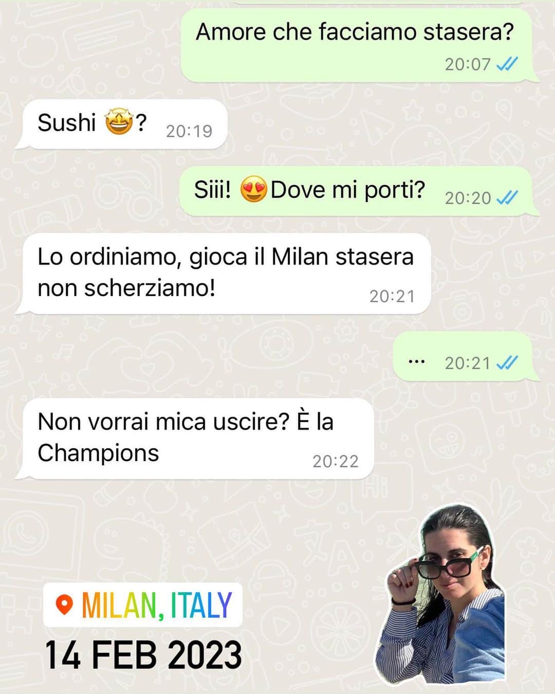 ヴァレンティーナ・マルケイのインスタグラム：「“Come va la convivenza?” “Siamo in 3. Io, Andrea e il Milan” #Valentinesday   Quant* nella stessa situazione?😂  📸  2-3 : quante cose cambiano in pochi anni🤪 4: la nostra passione più grande - dormire sul divano😂 5: le amiche che ti capiscono🫣❤️  P.s.Nel frattempo il Milan ha segnato🤩」