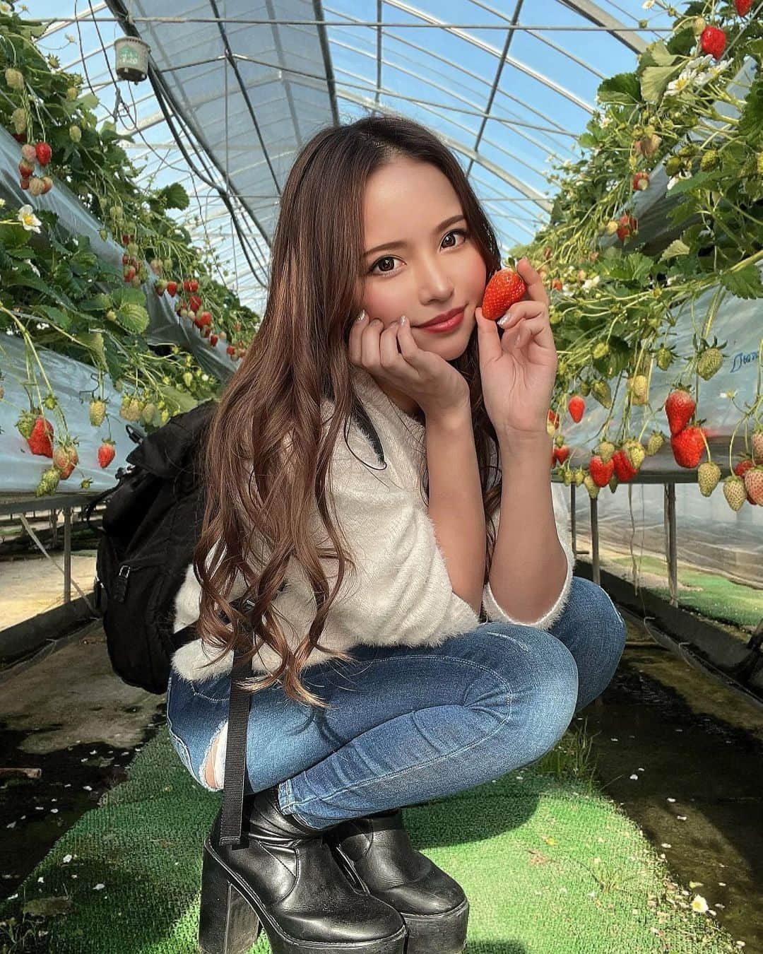 DJ NANAのインスタグラム：「先週末いちご狩り行ってきた🍓  田原のお陽様農園☀️ 練乳たっぷり一本つきで1時間1900円！  受付のところで激安の野菜も買えたし いちごも美味しいし大満足だった🙌  #いちご狩り #お陽様農園 #田原 #愛知県 #想像以上に遠い #ドライブ楽しい #春が来た #はやくもっと春来い #寒いの苦手」