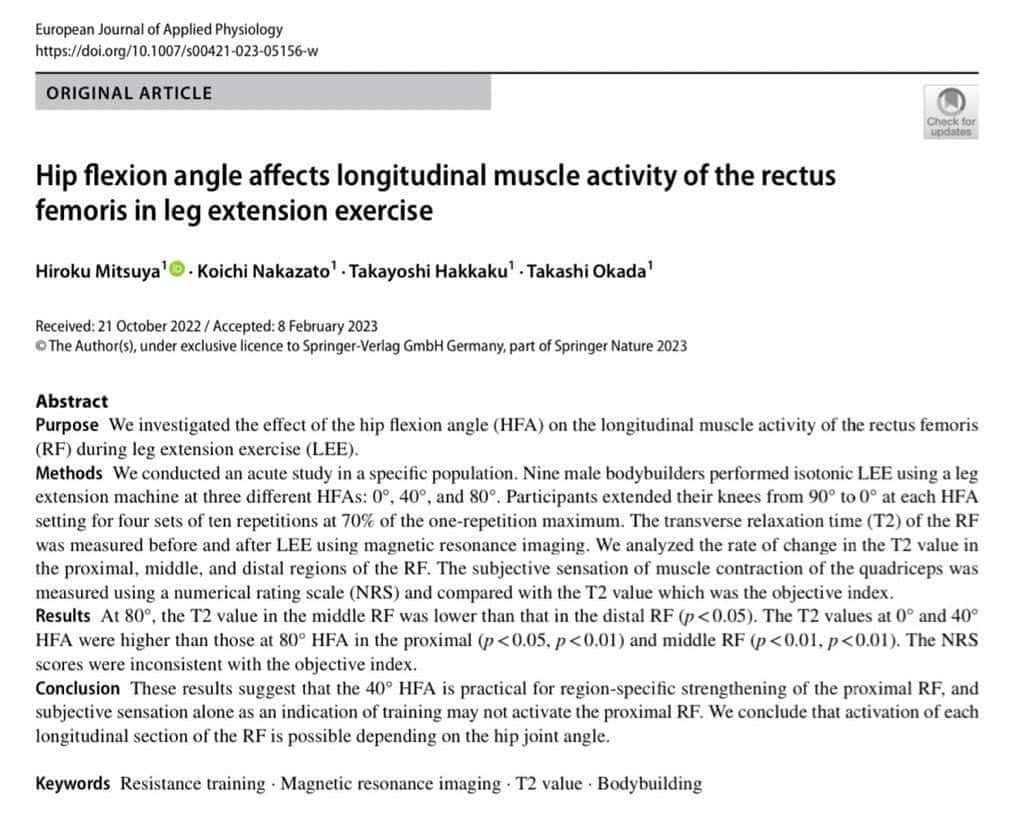 バズーカ岡田（岡田隆）のインスタグラム：「EJAPに採択された論文が公開されました。  大腿直筋近位を鍛えるには、レッグエスクテンションで骨盤を操作するのが大切です。  詳しくは筆頭著者の三矢紘駆先生（日体大ボディビル部一期生、大学院岡田研究室一期生）からの説明を待ちましょう。  https://link.springer.com/article/10.1007/s00421-023-05156-w  #ボディビル  #筋トレ  #日本体育大学  #バズーカ岡田」