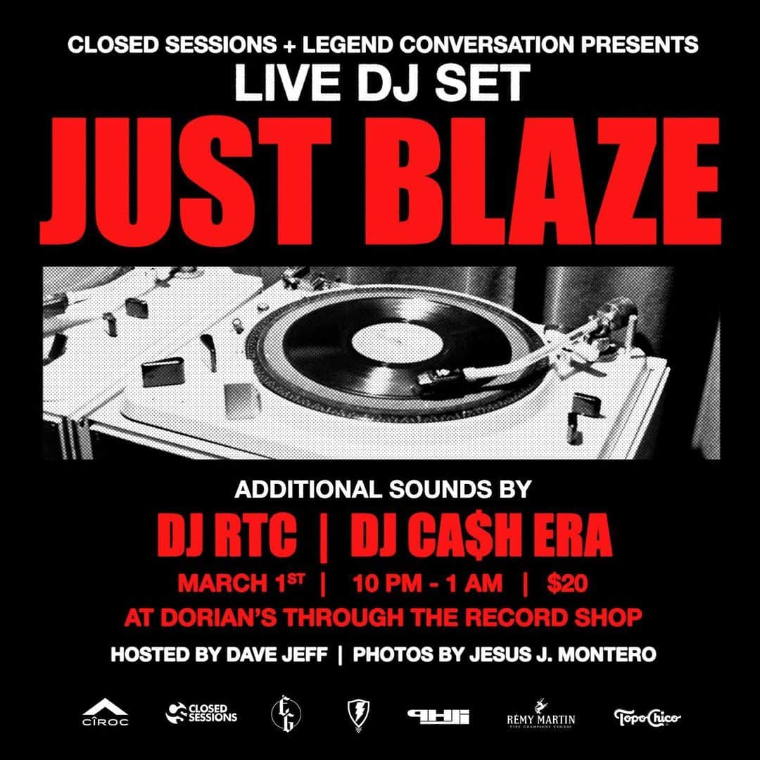 ジャスト・ブレイズのインスタグラム：「Back at it!  3.1.23 at Dorian’s (1939 W. North Avenue)  The legendary Just Blaze 🔥  plus DJ RTC + DJ Cash Era  Hosted by Dave Jeff of PHLI Pics by Jesus J. Montero Art by Jack Olevitch   powered by: Jugrnaut Ciroc Remy Martin Topo Chico」