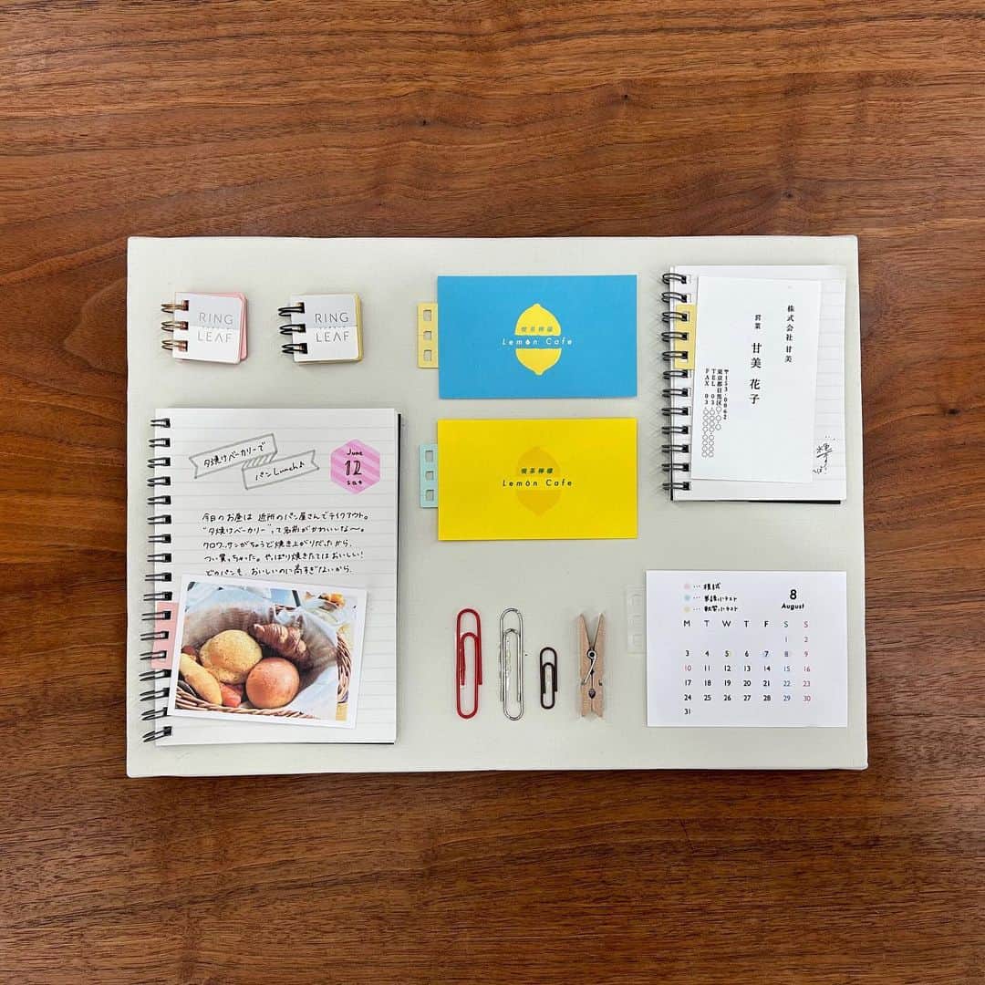 カンミ堂 公式のインスタグラム：「【社内風景】 商品陳列ボード📸  カンミ堂の社内には、商品の使用イメージをまとめたボードがあります。 今回は、隠れた人気商品『リングリーフ』をご紹介👏 ショップカードのハッキリした色味に合わせた文房具を使った、社員の力作です💪  リングリーフは、カード・写真といった紙類を、 ダブルリングノートのリングに“つなげて”持てるようにするふせんパーツです。  旅先で立ち寄ったカフェのショップカード 偶然出会った景色を撮ったお気に入りの写真 推しのコンサートのチケット… 日記や手帳と一緒に保管したいけれど、 穴をあけたりのり付けをしたくない物もありますよね。  そんなアイテムに、リングリーフはいかがでしょうか。  貼って剥がせるのりを使用したパーツに、 カードや写真を貼り付けたら、リングノートにセット！ しなやかな素材で、簡単にリングに取り付けることができます👀  日記やバレットジャーナルはもちろん、 書類をセットして、メモと会議資料を一緒に保管するなど ビジネスシーンでも活躍します📔  #カンミ堂 #kanmido #フィルムふせん #ふせん #付箋  #stationery #bungu #文具 #文房具 #文房具紹介 #文房具好き #文房具集め #かわいい文房具 #stationeryaddict  #リングリーフ」