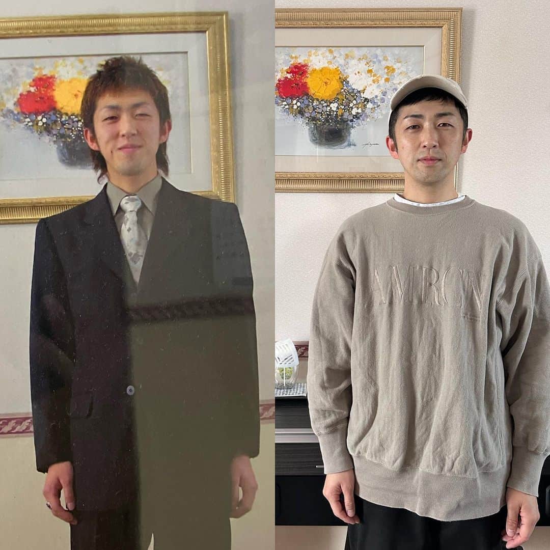 馬場豊心のインスタグラム：「身内に不幸があり帰省してました。 数年ぶりに家族が勢揃い。 色々思う事が沢山あった。 上京してから今まで本当に好き勝手やらせてもらって感謝でしかない。 歳も歳だし親孝行しなきゃなぁ。 悔いのない人生を送りたいですね。 懐かしい写真が飾ってあったのでビフォーアフター載せときます。  左　成人式 右　20年後」