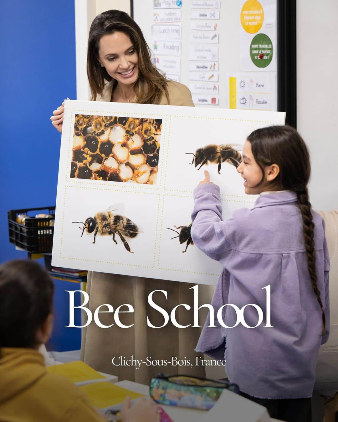 アンジェリーナ・ジョリーのインスタグラム：「I had the pleasure of participating in a Bee School a few weeks ago at a primary school in Clichy-sous-Bois, France, to teach the kids the key role bees play as pollinators to our food safety and in biodiversity conservation. The class was lovely. Brilliant young minds asking great questions. Children always understand quickly what adults often try to overcomplicate or excuse. There were many smiles except when they realized that without bees there was no chocolate!   We discussed how the disappearance of bees is a worldwide phenomenon which is endangering biodiversity.   These are the kinds of committed daily actions you can do with your kids at home:    1.  Plant ‘melliferous’ - pollen and nectar-rich plants - to create a safe habitat and substantial food source for bees.  2. Set up your own bee waterer at home. Bees need water, not only to quench their thirst, but also to nurse developing larvae and keep their nests cool during summer.   This is how you can create a safe bee waterer at home:    *  Grab a large bowl, not made of plastic or aluminum. It is important that the materials are porous or mineral, so that the bees can have a better grip and avoid drowning. Such materials let water fill in the little gaps more easily, allowing bees to drink.  *  Add water and rocks, stones and/or pebbles. Corks can also be a good alternative.  *  Place the waterer in your garden. Bees must be able to access it easily, so it should be left out in the open, in a large enough area that is free of any safety hazards.   @Guerlain #GuerlainBeeSchool #GuerlainforBees   Photography by Ian Gavan   More information about the bees can be found in the Assessment Report on Pollinators, Pollination and Food production by IPBES. Link in my bio.」