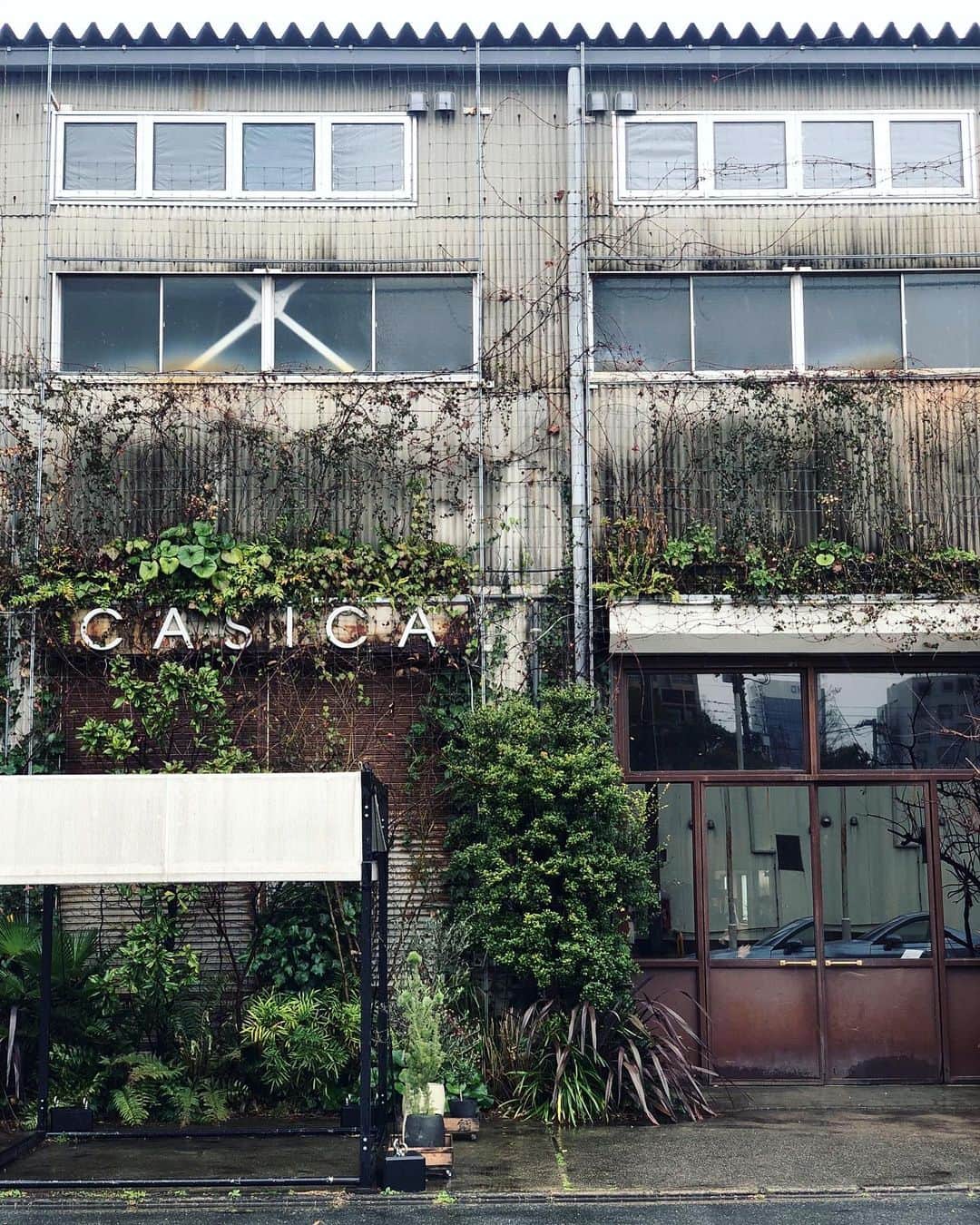 rieのインスタグラム：「.  .  新木場の倉庫をリノベした @casica.tokyo 併設の @arkhe.jp でランチ。  この無骨な雰囲気。 雨のせいもあって 存在感すごかったぁ。  なかは広々としていて カフェエリア、 雑貨エリア、グリーンエリアと わかれてます。 グリーンを目の前にした テーブルでランチを...  ハーブや薬膳を使った お料理メイン。 私はご飯より お酒を飲みたくなってしまった🙈  岡田直人さんの個展開催中ﾃﾞｼﾀ。  .  .  #カフェ #カフェ巡り #東京カフェ #新木場カフェ #CASICA #arkhe」