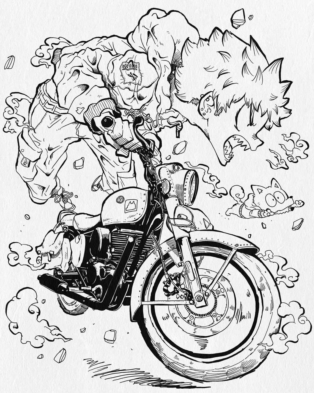 かずきおえかきさんのインスタグラム写真 - (かずきおえかきInstagram)「覚醒ライダー2🛵　A serious rider 2. ⁡ 完全自己満イラスト失礼します ⁡ ⁡ ⁡ 単気筒の鼓動感、大人しい雰囲気とサウンドがたまらなく好きです。かずきです。 ⁡ みんなバイクは好きかい？ バイクはええぞ… ⁡ #ストリートファッション #ストリート系男子 #カーゴパンツ #ファッションイラスト #イラスト #illustration #doodle #お絵描き #かずきのオノマトペアート #classic350」3月19日 23時00分 - kazuki_oekaki
