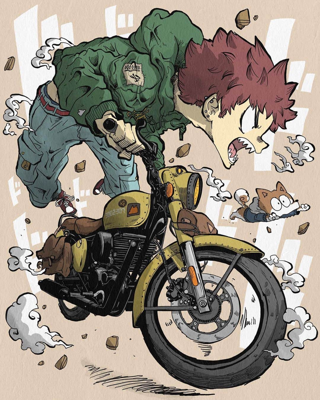 かずきおえかきのインスタグラム：「覚醒ライダー2🛵　A serious rider 2. ⁡ 完全自己満イラスト失礼します ⁡ ⁡ ⁡ 単気筒の鼓動感、大人しい雰囲気とサウンドがたまらなく好きです。かずきです。 ⁡ みんなバイクは好きかい？ バイクはええぞ… ⁡ #ストリートファッション #ストリート系男子 #カーゴパンツ #ファッションイラスト #イラスト #illustration #doodle #お絵描き #かずきのオノマトペアート #classic350」