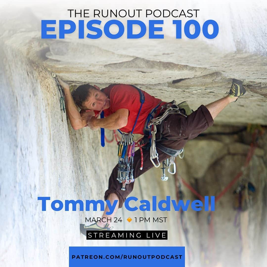トミー・コールドウェルのインスタグラム：「Big news, folks. To celebrate episode 100, we will be doing our first live-streamed podcast @runoutpodcast. And we'll be chatting with a very special guest—Tommy Caldwell, the first person with 9 fingers to free climb El Capitan among other things he's probably better known for. @tommycaldwell   This event will be broadcast via Zoom webinar. And it is only available for our Patrons. If you’ve been on the fence about supporting the only climbing podcast on the Internet, now is a good week to join us. We will send out a link to our Zoom webinar to our Rope Guns (patrons) the day before the event.  We’ll be chatting about climbing, dad life, the environment, and activism and we’ll have time for a Q&A session as well.   ✨Save the date:  This Friday, March 24th, at 1 PM MST.   Details at patreon.com/runoutpodcast.  Photo @coreyrichproductions 🙏🏻」
