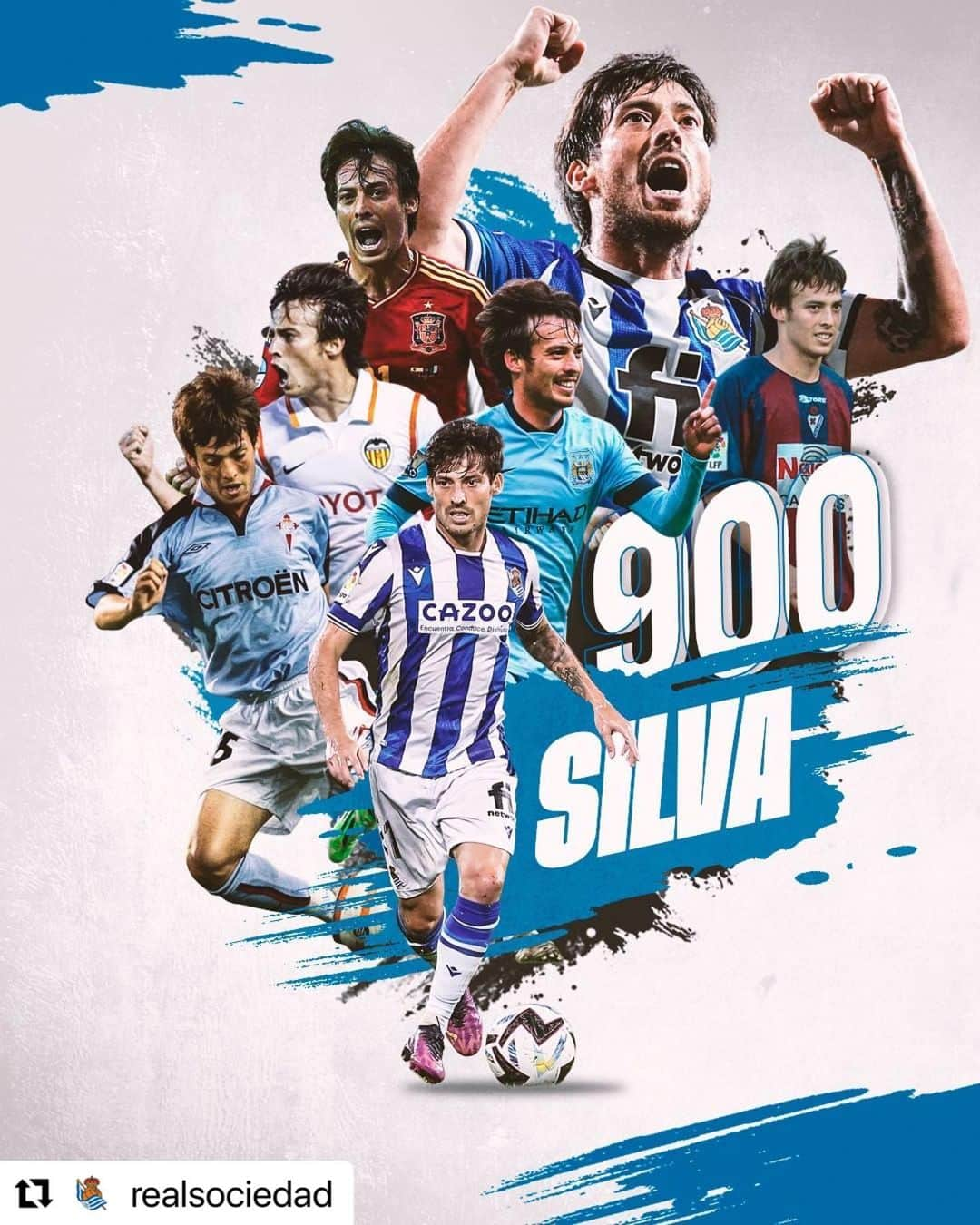 ダビド・シルバのインスタグラム：「#Repost @realsociedad with @use.repost ・・・ 🧙‍♂️ 𝗣𝗨𝗥𝗔 𝗠𝗔𝗚𝗜𝗔  Silva cumple 9⃣0⃣0⃣ partidos. Único.  Zorionak, David! 💙  #Silva900 | #AurreraReala」