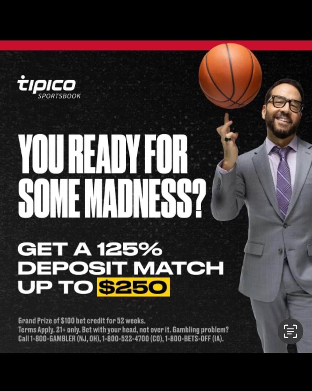 ジェレミー・ピヴェンのインスタグラム：「This one is for my friends in NJ, CO, IA, and OH, with @tipico Sportsbook’s NCAA Tournament betting competition, you can compete for your share of five hundred thousand of Protected Bets.  Score points and climb the leaderboard by hitting bets with huge odds! Sniff out those underdogs, craft those monster parlays, and let the madness begin!  Bet now and get guaranteed prizes for each week you play!」