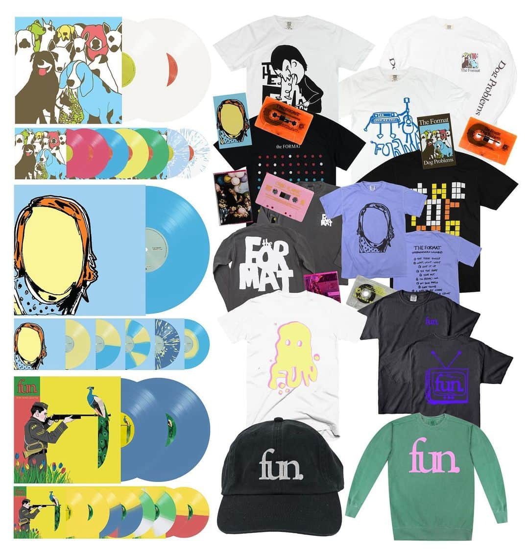 ネイト・ルイスのインスタグラム：「Vinyl and merch updates from @theformat and fun.  First: both Dog Problems and Interventions & Lullabies are back in stock in The Format merch store on vinyl in new colors: milky clear and cyan blue. Some favorite shirt designs are restocked.  Second: a handful of independent record stores and specific retail shops will also be carrying unique colors of Dog Problems and Interventions & Lullabies on vinyl.  Third: fun. have put up a long-awaited reissue of Aim & Ignite on blue jay colored vinyl along with some revived threads. Aim & Ignite is also available in a number of colors at select retailers and local record stores.  All pre-orders begin today (with very limited quantities in the @hellomerch store) and the “release date” for all merch and new LP colors is May 12th」