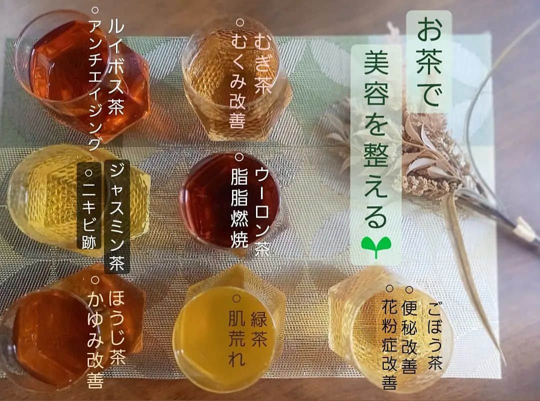 のインスタグラム：「. 普段何気なく飲んでいるお茶も、少し身体に合わせて選んでみるのも良いかも😊 . 美容ケアでお水を飲むのが苦手な方にもぜひ☆ でも過剰摂取はアカンで～🙅💦 なんでもほどほどにが一番！ . ぜひ日常ケアに取り入れてみてね～🍵 . . . . #お茶効能 #日常ケア #デトックス #🍵」