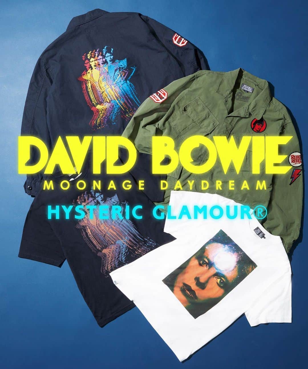 smartのインスタグラム：「David Bowie × HYSTERC GLAMOURの最新コラボが登場！　3月24日（金）、デヴィッド・ボウイ財団初の公式認定ドキュメンタリー『デヴィッド・ボウイ　ムーンエイジ・デイドリーム』の公開を記念して、デヴィッド・ボウイとヒステリックグラマーがコラボしたファティーグジャケットとTシャツの販売がスタートします。是非チェックしてみて✨  #hystericglamour #ヒステリックグラマー #davidbowie #moonagedaydream #smart」