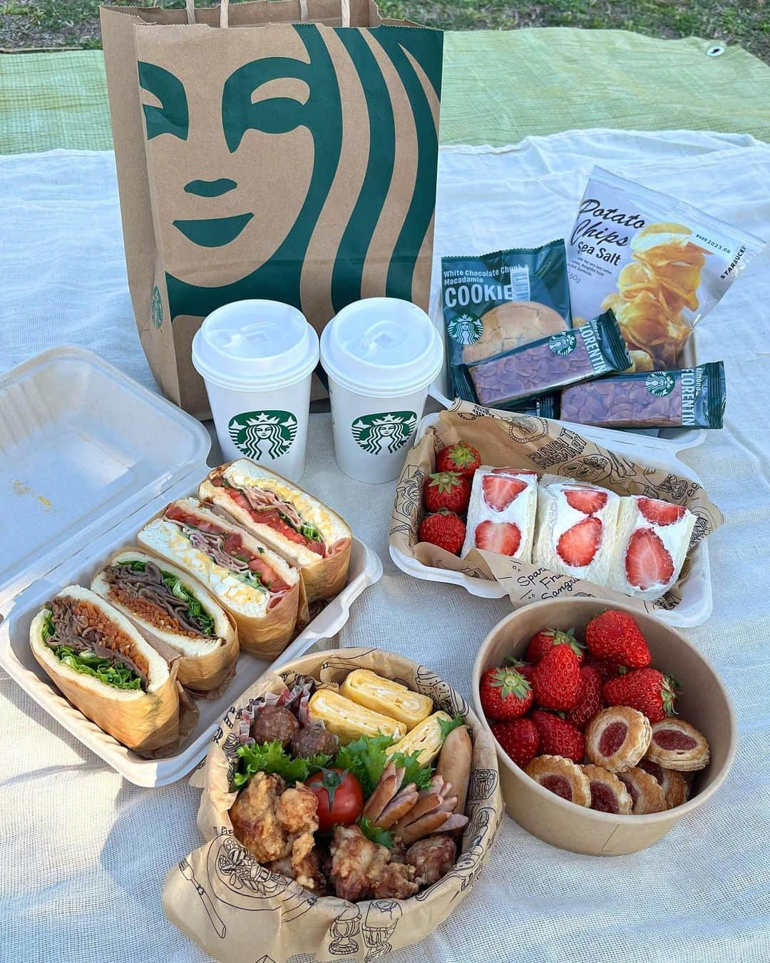 大平萌笑さんのインスタグラム写真 - (大平萌笑Instagram)「picnic🥪💚 お天気も良くて最高〜〜☀️  スタバ、桜のパッケージのカップが欲しくて hot頼んだのに白かった😂🌸  春は本当に気持ちいいなあ 毎日花粉に悩まされてますが🤧  高校2年生ももうすぐ終わり💧 新学期に向けてまた頑張ります✊🏻  #おしゃピク #ピクニック #弁当 #サンドイッチ #いちごサンド #starbucks #スタバ #萌え断サンド  #和歌山 #和歌山公園 #デニム #ストライプシャツ」3月17日 20時19分 - ohiramoe