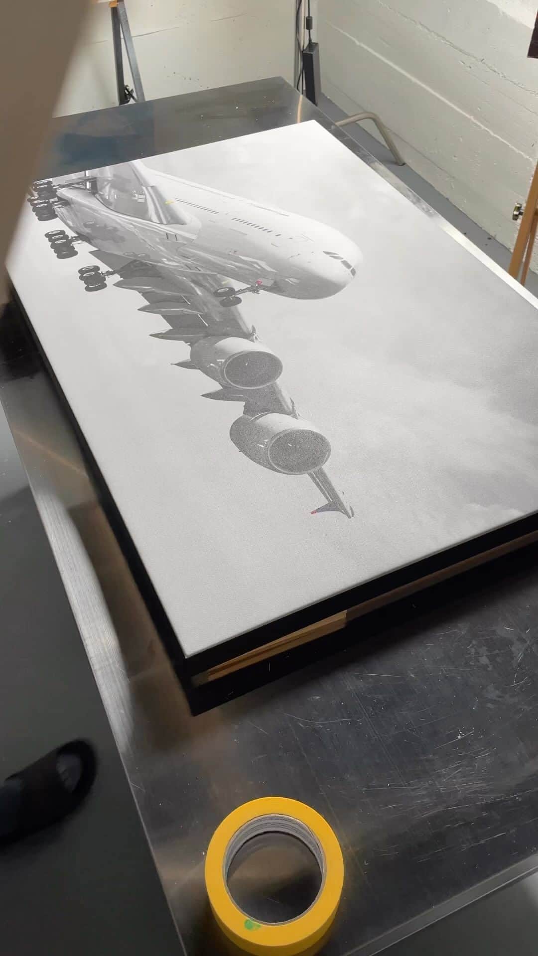 Adam Senatoriのインスタグラム：「Shadow frame construction > I ripped and mitered some aspen boards to frame out this print today. Checking the fit here. Next up is gluing corners square, then sanding then working on the backing to attach the print. Note I had the printer edge the canvas in matte black to enhance the shadow.」