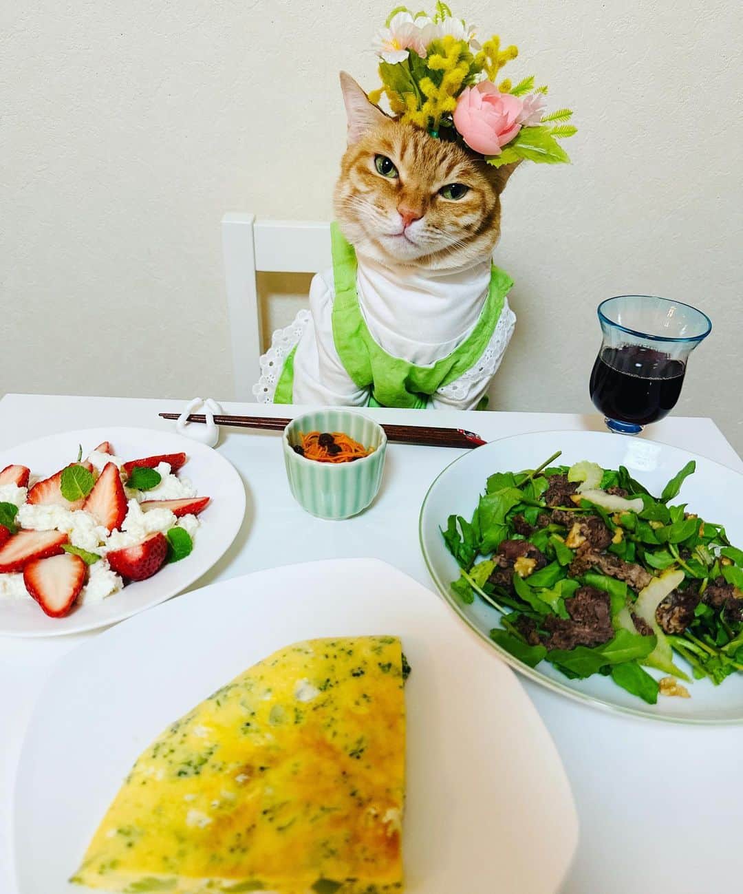 マロさんのインスタグラム写真 - (マロInstagram)「🍷Today's menu🍷　SWIPE▶️ ✴︎ ・牛肉とクレソンのくるみサラダ (Beef and watercress walnut salad) ・いちごのカプレーゼ🍓 (strawberry caprese) ・ブロッコリーのフリッタータ (Broccoli frittata) ・キャロットラペ (carrot lape) ✴︎ いつもコメントありがとうございます😸🙏💞 全て拝見しています🐾 ✴︎ Thank you for your kind comments😸🙏💞 ✴︎ #cat#cats#catsofinstagram#food #wine#ねこ#ねこすたぐらむ#ねこ部 #猫#料理#ワイン#ミモザ#保護猫 #猫のいる生活#猫のいる暮らし」3月17日 22時31分 - rinne172