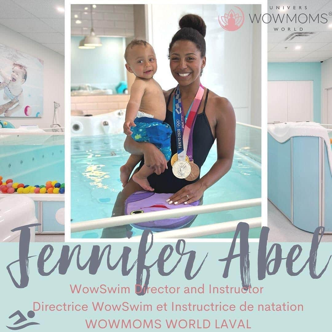 ジェニファー・アビルのインスタグラム：「Voici la nouvelle aventure qui nous attend 🥳🥳🥳 Je suis extrêmement fière d’être la nouvelle directrice et instructrice du programme wow swim au @wowmomsworld.laval   J’enseignerai deux fois par semaine : mardi et jeudi. Vous pouvez réserver via mindbody ou par téléphone 📞 Faites vites, les places sont limitées 😉 D autres plages horaires seront ajoutées dans les prochaines semaines. ✨ . . #wowmom #wowswim」