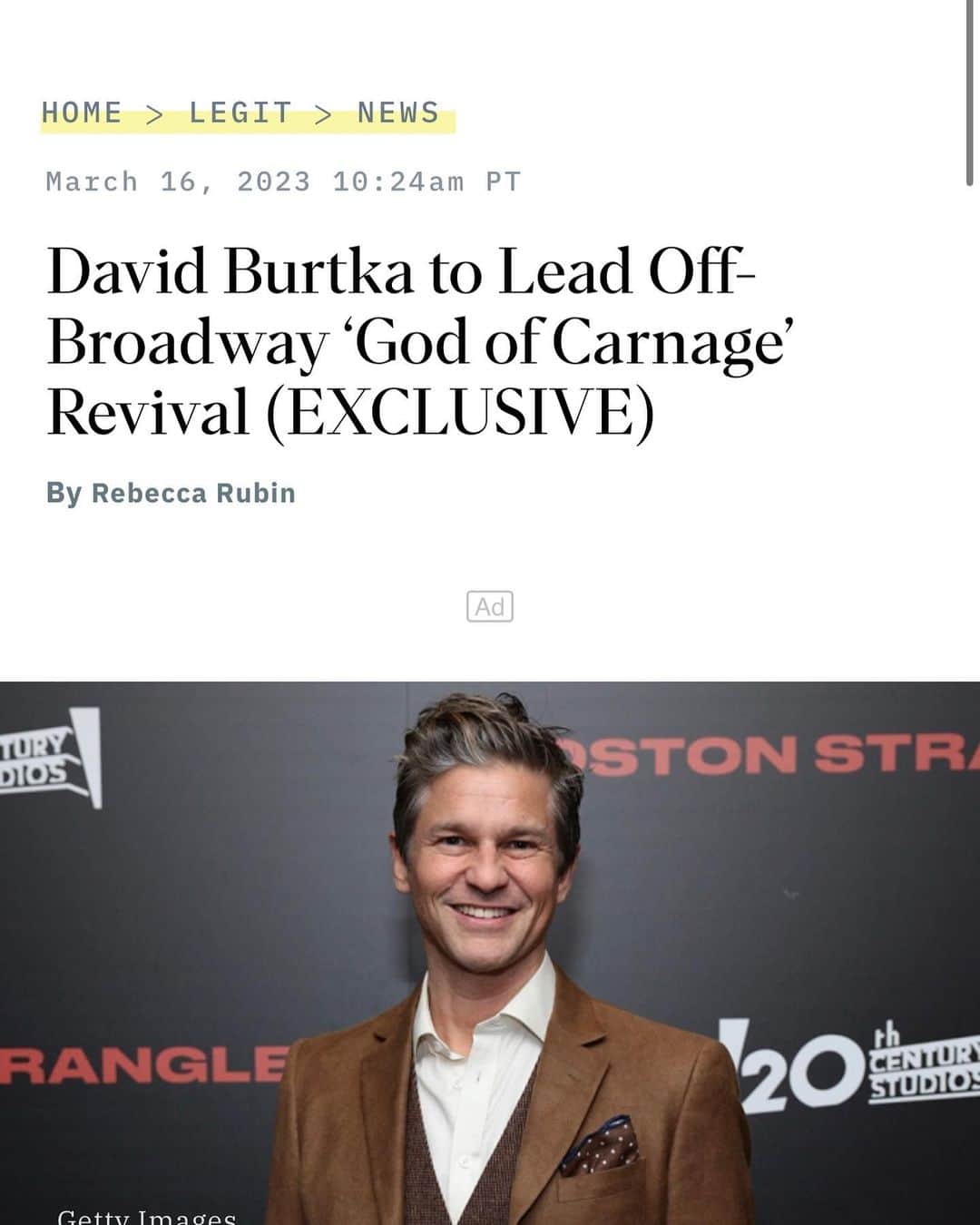 ニール・パトリック・ハリスのインスタグラム：「I’m so thrilled for David! He’s performing in the first revival of God Of Carnage since it’s B’way run, and with a remarkable theatre company, Theatre Breaking Through Borders. I first saw David on stage, in Gypsy, and my massive talent crush became, well, much more. He’s absolutely wonderful on stage. So, so proud of him. Get your tickets now! @dbelicious」