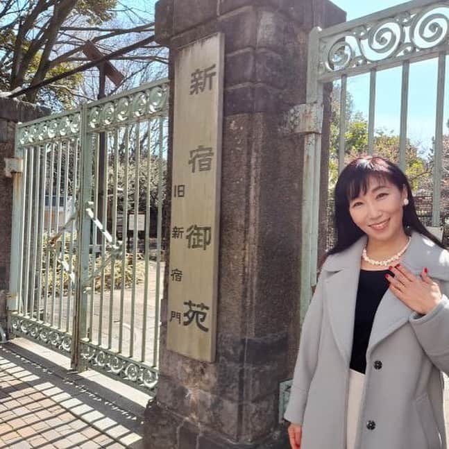 女子アナ47のインスタグラム：「毎年3月になると、慶事で楽しげな雰囲気が溢れる新宿からこんにちは。 まさに慶事、両親の結婚記念日をお祝いするために新宿御苑にやってきた高柳美枝子です。@mieko_joshiana47  実は、新宿御苑とその周辺は、歴史トリビアの宝庫なんですよ！かつては芥川龍之介の父が営む巨大牧場があったほど。 歴史トリビアを発見しながら歩く東京は、また違った楽しみに触れられます🎵  詳しくはプロフィール欄にあるURLから【47発信プロジェクト】をご覧下さい！  #女子アナ #地方創生 #47発信プロジェクト #新宿 #トリビア #歴史 #散歩 #新宿御苑 #お花見 #旅 #東京 #フリーアナウンサー」