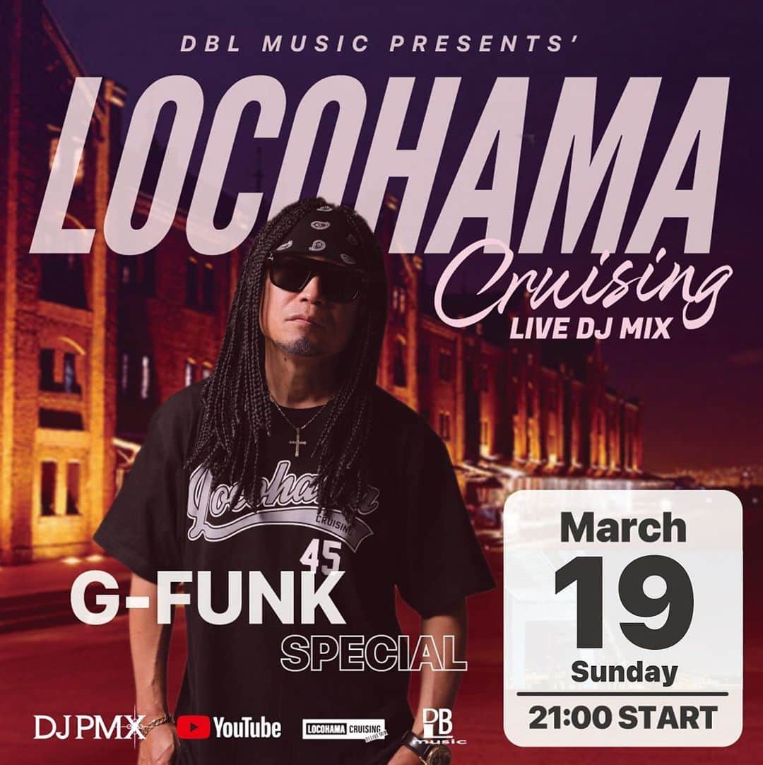のインスタグラム：「. 今夜21時はG-Funk Special 旧譜から”新西の旧西”までセレクト  3/19 (日) 21時~ "G-FUNK Special" DJ PMX - LOCOHAMA CRUISING Live DJ Mix 129  #locohamacruising #youtubeライブ #djpmx」