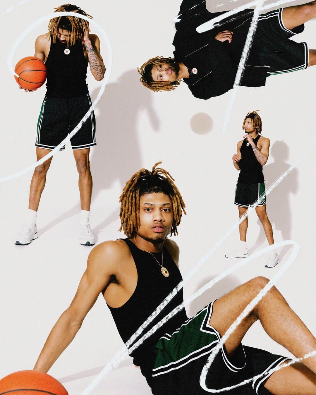 ジョン エリオットのインスタグラム：「Vintage Varsity with Noah Farrakhan. Explore his come up through the link in our bio and stories.   @ogsiimba wears our newest Vintage Varsity Shorts, dropping tomorrow, with SS23 collection pieces.  Photography: @robertmholland  Art Direction: @p.lo」