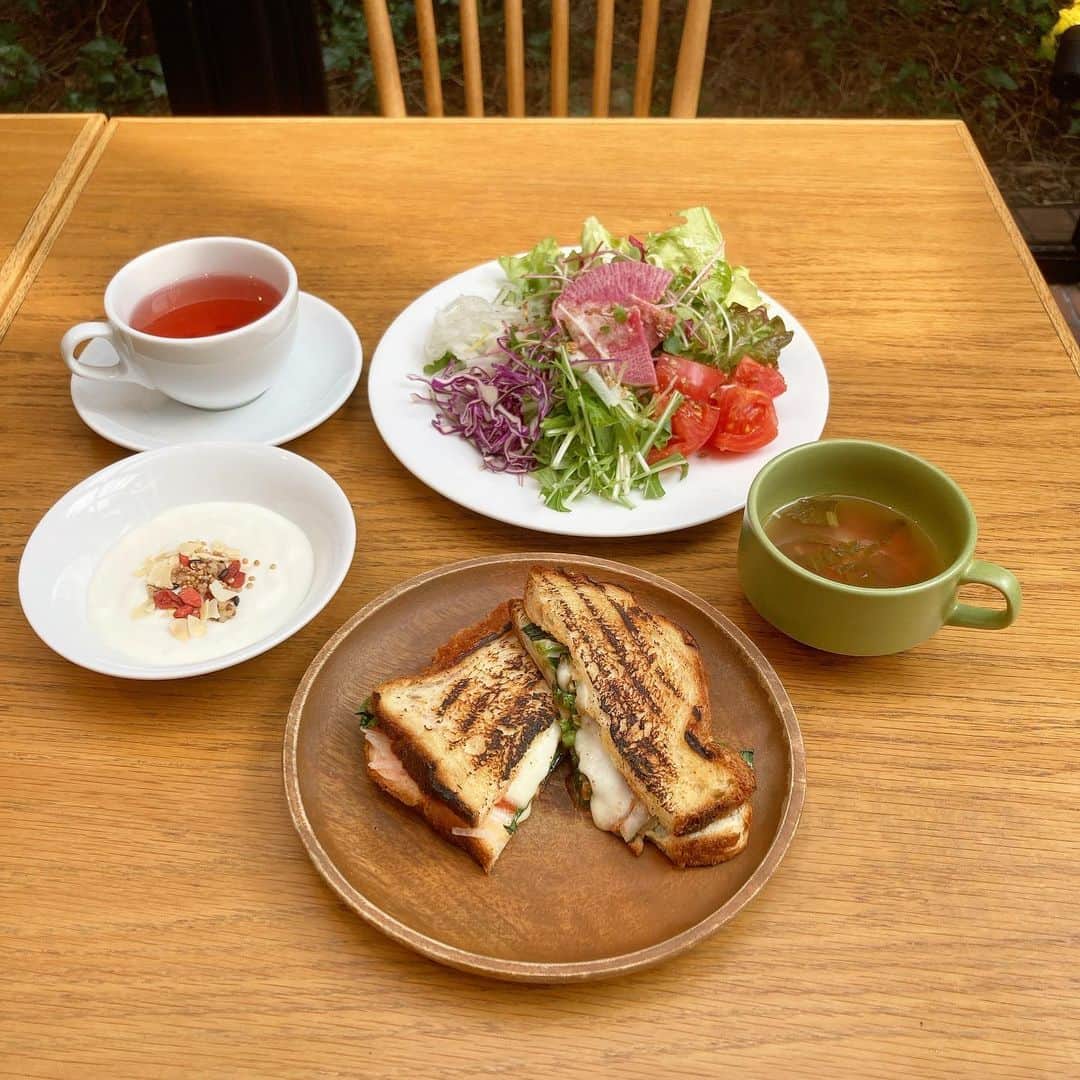 内田絢子のインスタグラム：「モーニング・コレクション！！ 大阪・北堀江にあるFarm Cafe mothersの『モッツアレラホットサンド』  モーニングメニューをオーダーすると、サラダ、スープ、ヨーグルト、ドリンクがビュッフェスタイルでいただけます♡  モッツアレラホットサンド はタニロクベーカリーのPANENAという食パンに、たまねぎ、ほうれん草、トマトソース、蜂蜜、モッツアレラチーズを挟んで、グリル。サラダビュッフェは、レタス、トマト、たまねぎ、紅芯大根など、野菜をたっぷりプレートに、ドレッシングも全て手作りです。この日の野菜スープはベーコンと白菜とじゃがいものトマトあったかスープ。ヨーグルトにはグラノーラやキヌア、アマニなどのスーパフードをトッピング！  ドリンクは20種類のティーバックが並ぶ紅茶、コーヒーやジュースなどが飲み放題！自分好みにカスタマイズした朝食を楽しんでくださいね♡   #farmcafemothers #モッツァレラホットサンド #fm802 #brightmorning #モーニングコレクション #モニコレ #金曜朝7時半からコーナーお届けしてます」