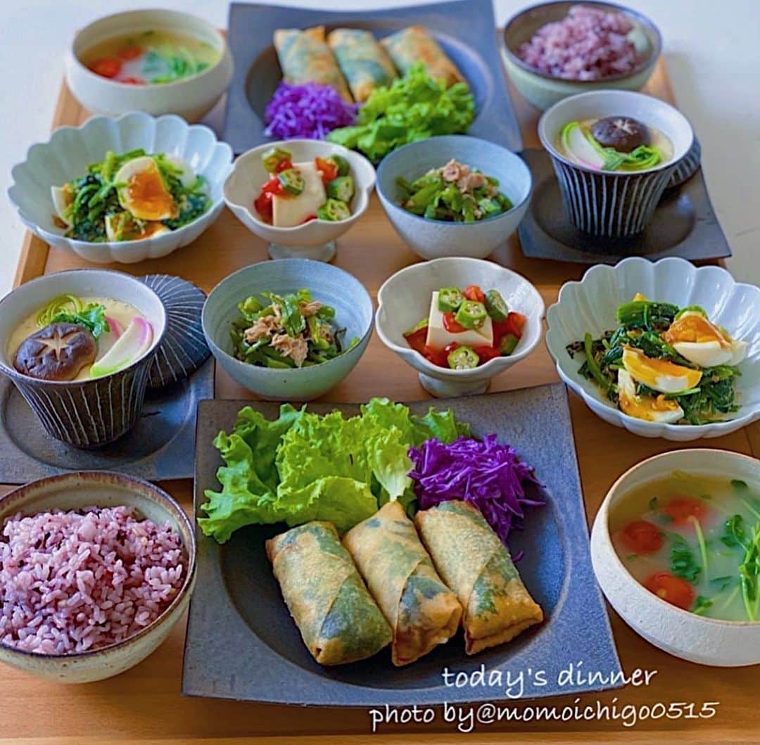 YASUKO TAKESUEのインスタグラム：「. こんばんは☺️💕. 今日の晩ごはん… . . ⭐️鯖の梅しそチーズ春巻き ⭐️茶碗蒸し ⭐️無限ピーマン ⭐️洋風冷奴 ⭐️ほうれん草と茹で卵の胡麻マヨ和え ⭐️豆苗とトマトのお味噌汁 . . . #晩ごはん#晩御飯#晩ご飯#夜ごはん#よるごはん#夕食#おうちご飯#うちご飯#おうちご飯lover#おうちご飯記録#食卓#手料理#手作りご飯#料理写真#器好き#器集め#献立#家庭料理#food#foodpic#foodstagram#foodphotography#followme#instagood #奥田章 #水野幸一 #古谷浩一」