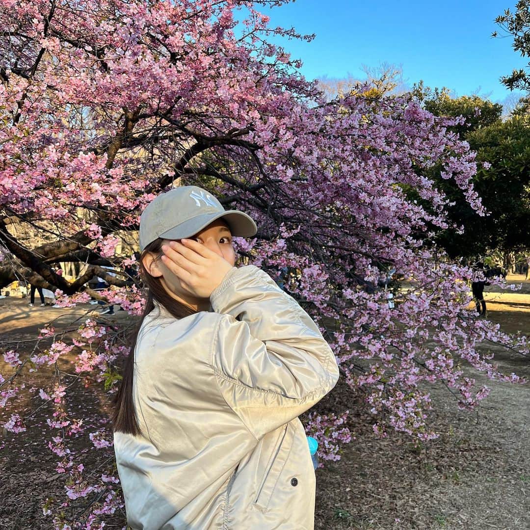 ひよんのインスタグラム：「🌸🫶  代々木公園お散歩した💛 どすっぴんだったけど、 🦍くんが写真撮ってくれるっていうから 顔隠している。🫣  いいかんじに撮ってくれた❤️ ありがとう☺️✨  でも花粉がつらくてやっぱり春苦手。  #ひよん #代々木公園」